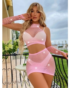 Skirt, Top + Gloves Set with Rhinestones S/L - (Baby) Pink