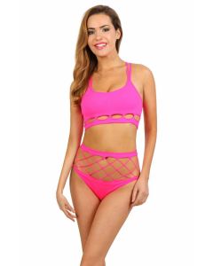 High Waisted Fishnet Panties and Bralette Top-OS Pink
