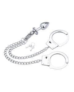 Anal plug with chain and hand cuffs metal L - silver