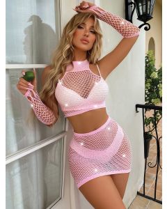Skirt, Top + Gloves Set with Rhinestones S/L - Pink