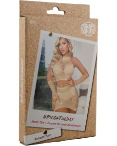 Skirt, Top + Gloves Set with Rhinestones S/L - Beige