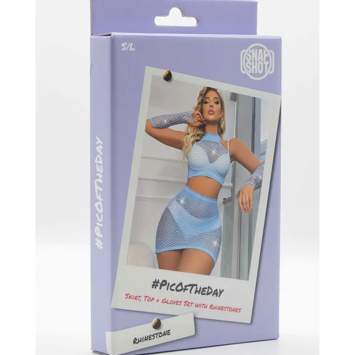 Skirt, Top + Gloves Set with Rhinestones S/L - Blue